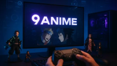 Glowing 9Anime logo on a futuristic gaming monitor with anime figurines and holographic UI elements in a neon-lit room