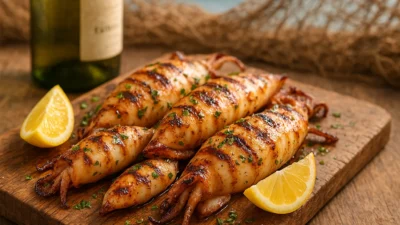 Freshly grilled Italian calamariere (squid) with charred grill marks, lemon wedges, and parsley on a rustic wooden board