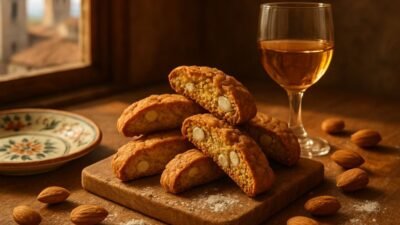 Traditional бишкоти ди Прато (Tuscan almond biscotti) on wooden board with Vin Santo wine, whole almonds, and ceramic plate in rustic Italian countryside setting