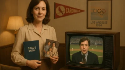Carole Krumenacher, Bob Costas' ex-wife, in the 1980s holding a teacher’s gradebook and family photos beside a vintage TV showing his broadcast.