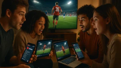 A diverse group of friends engaged in Treamweast, watching and interacting with live streams on their phones and a large TV in a modern living room.