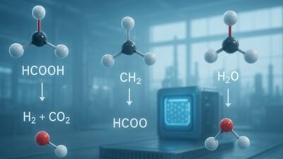 3D molecular structures of formic acid (HCOOH), methylene group (CH2), and water (H2O) with chemical reaction arrows, industrial applications, and blue-toned lab background.