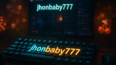 Close-up of a gamer's neon-lit keyboard with the username 'jhonbaby777' glowing on the keys, surrounded by gaming gear and a Twitch stream displaying lucky 777 symbols.