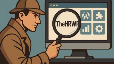 Magnifying glass analyzing the letters 'TheHRWP' on a digital screen