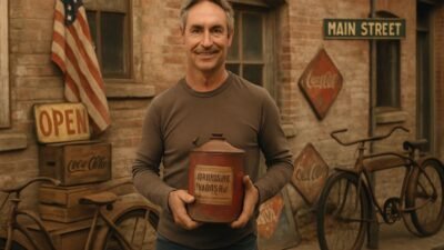 Mike Wolfe holding a vintage gasoline can in front of a restored red-brick building, surrounded by Americana artifacts like antique bicycles and rustic signage.