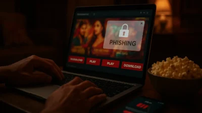 A person in India considering the safety of using the Movierulz3 website on a laptop, with a smartphone showing safe legal alternatives like Netflix or Hotstar.