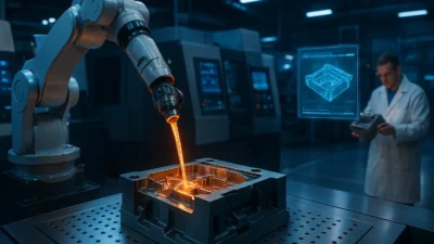 Industrial robotic arm 3D printing a precision metal mold using advanced repmold technology in a high-tech factory. Glowing molten polymer and CNC machines visible in background.