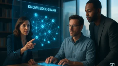Futuristic AI knowledge interface with 3D holographic data visualization, showing diverse professionals collaborating with Seekde's semantic search technology in a modern office environment