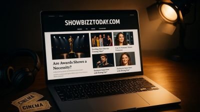 showbizztoday.com entertainment news hub featuring a glamorous collage of movie reels, music notes, and red carpet spotlights, with fans celebrating celebrity culture.