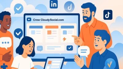 Diverse social media team collaborating on Crew CloudySocial com’s dashboard, reviewing content on a laptop with real-time feedback bubbles and platform integrations (Instagram, LinkedIn, TikTok).
